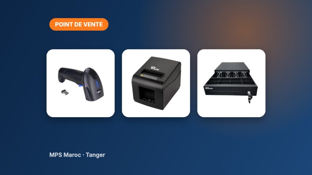Scanner de codes-barres, imprimante de tickets et tiroir-caisse pour commerce